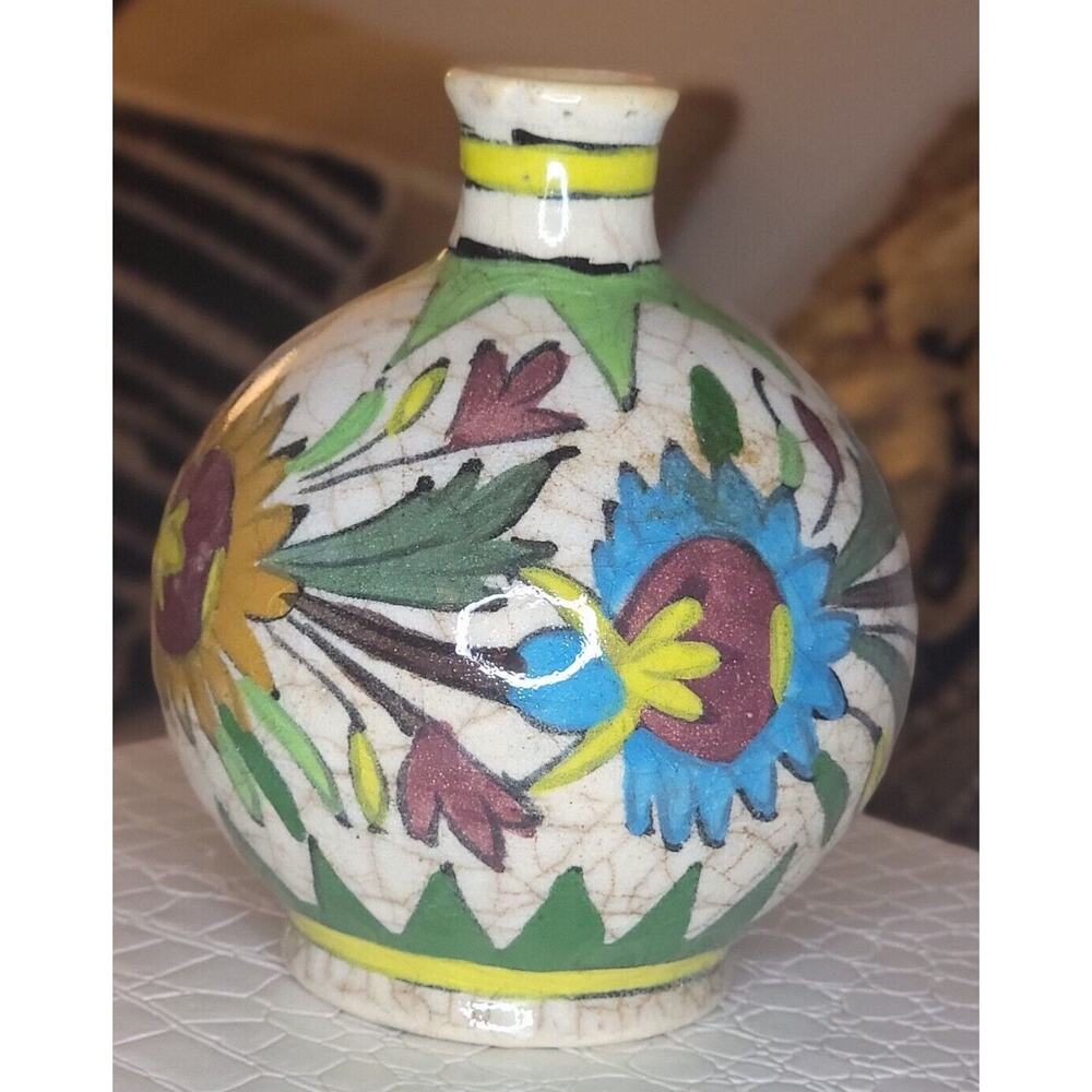 Antique Persian Turkish Iznik Islamic Glazed Floral 6" Pottery/Vase #602 Signed